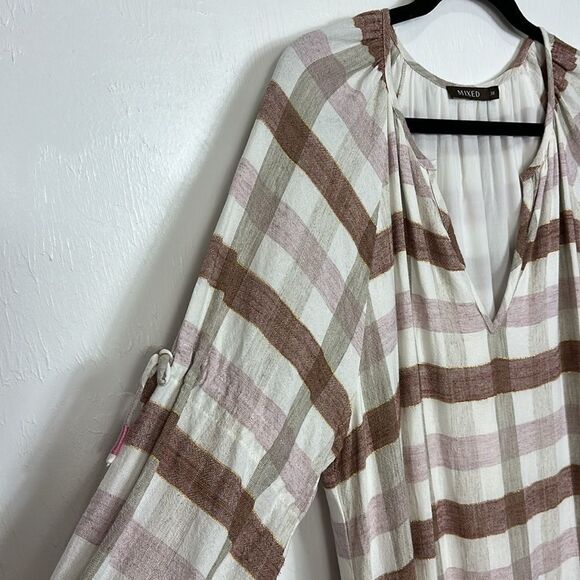 Mixed Boho Plaid V-Neck Long Sleeve Ruffle Cuffs Maxi Dress Size 6 - Picture 2 of 8